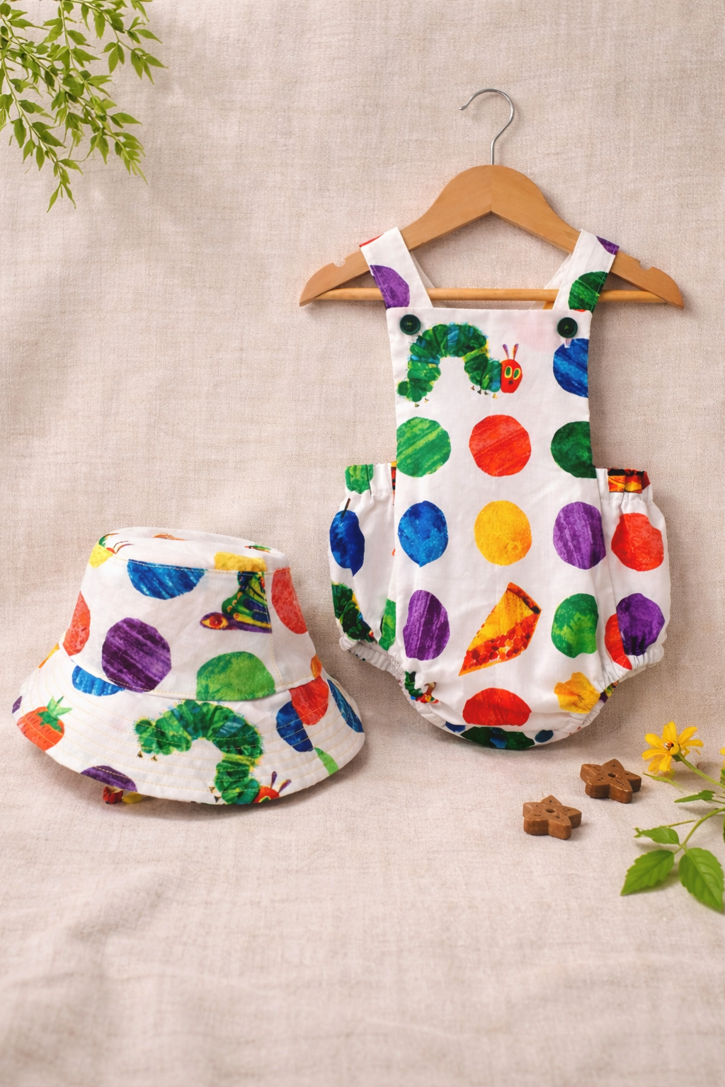 handmade baby sun hat cotton caterpillar print australia with romper