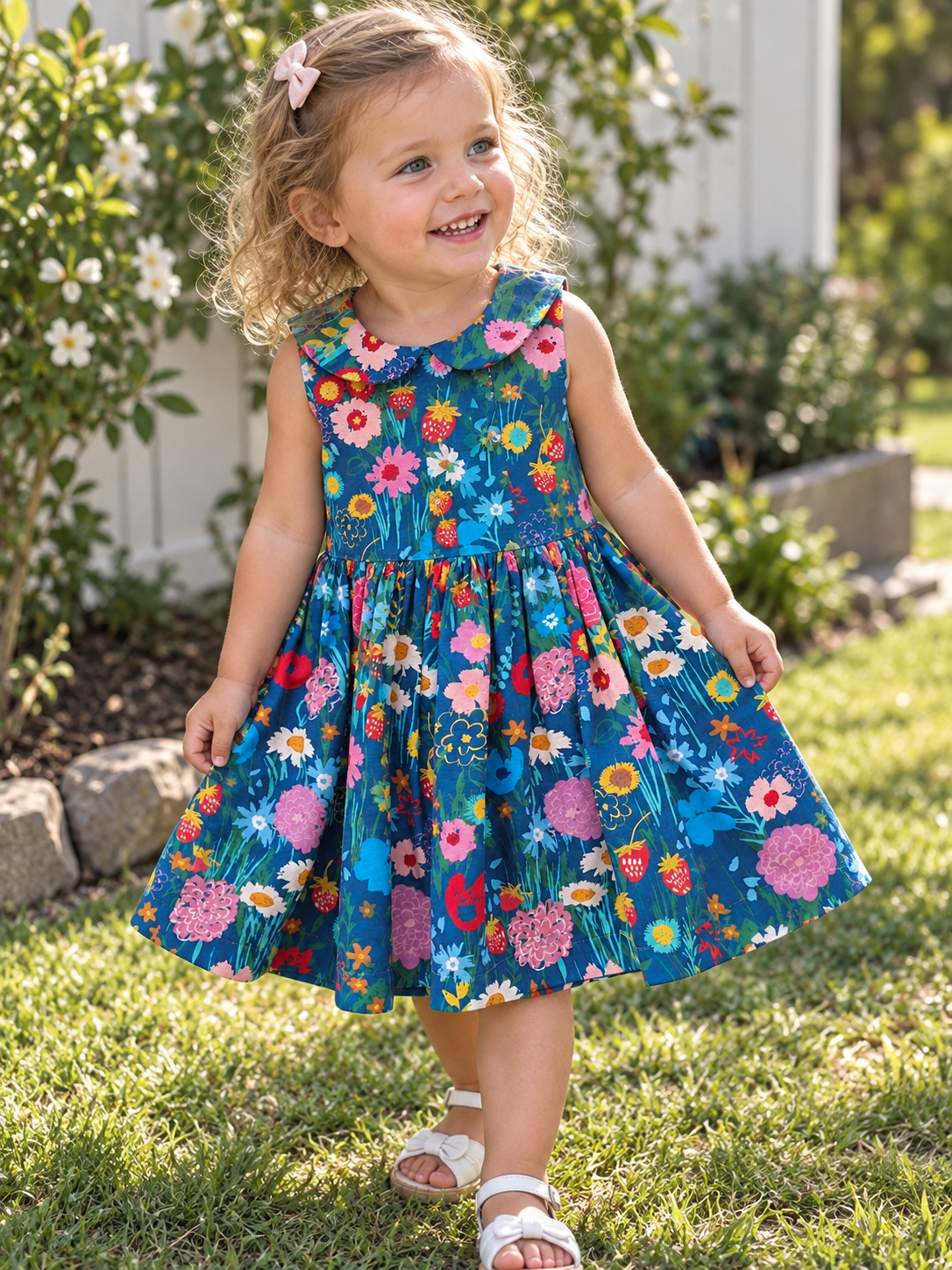 Handmade Girls Floral Dress – Blue Garden & Strawberry Cotton Dress
