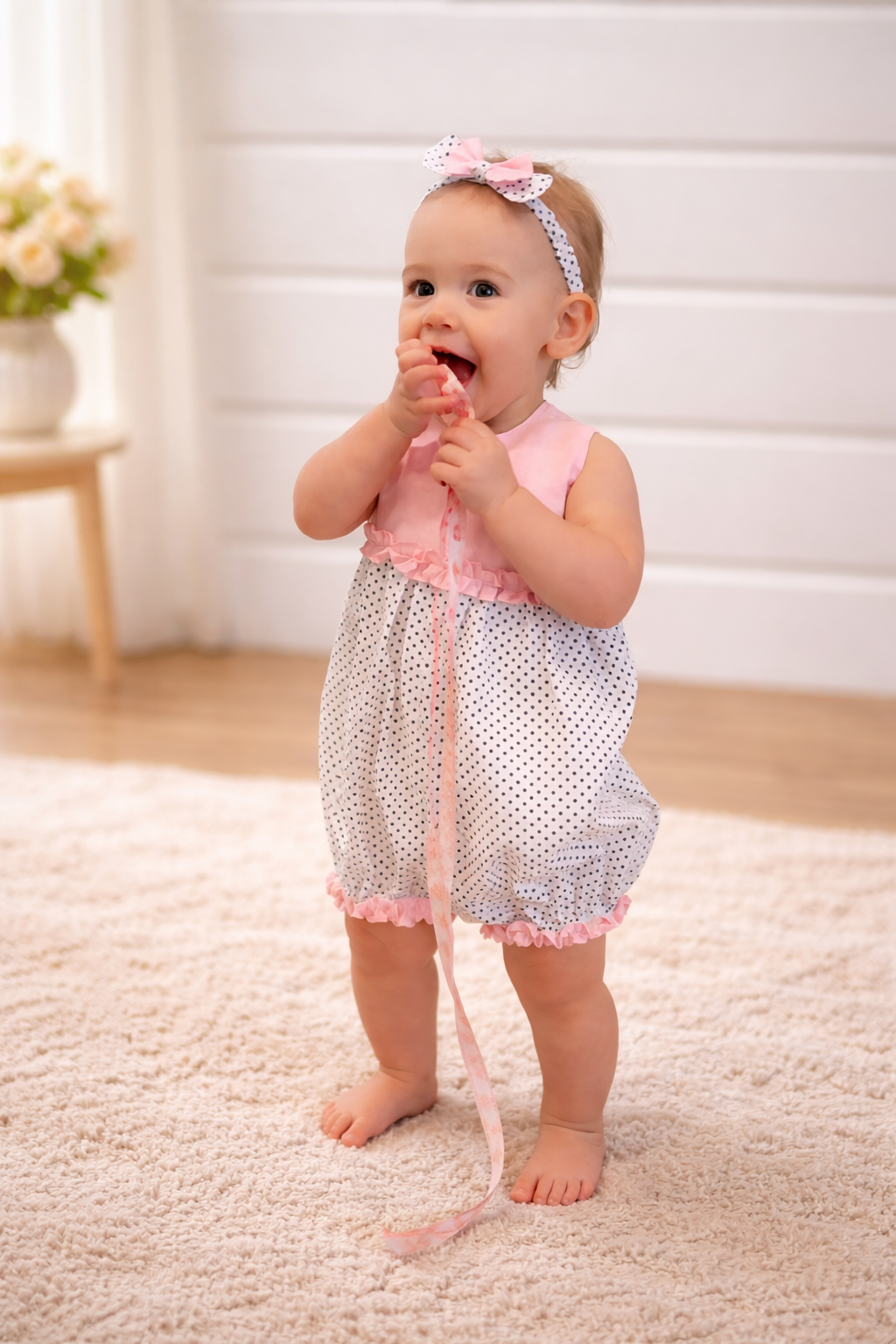 Boutique baby girl romper in pink and polka dot cotton, handmade by Adorable Creatures