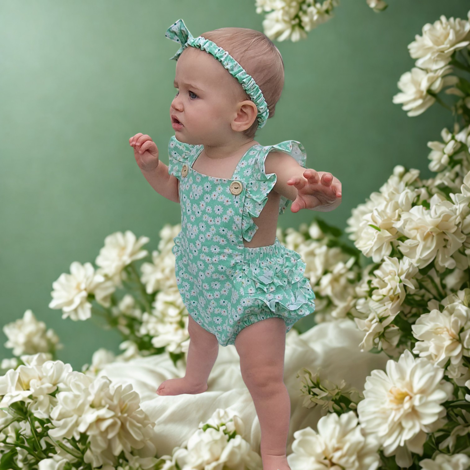 Baby with a green daisy romper
