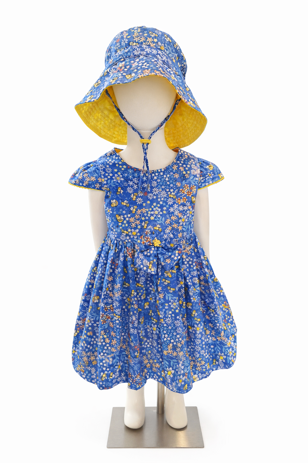 Girls bee garden dress with matching handmade bucket sunhat Australia