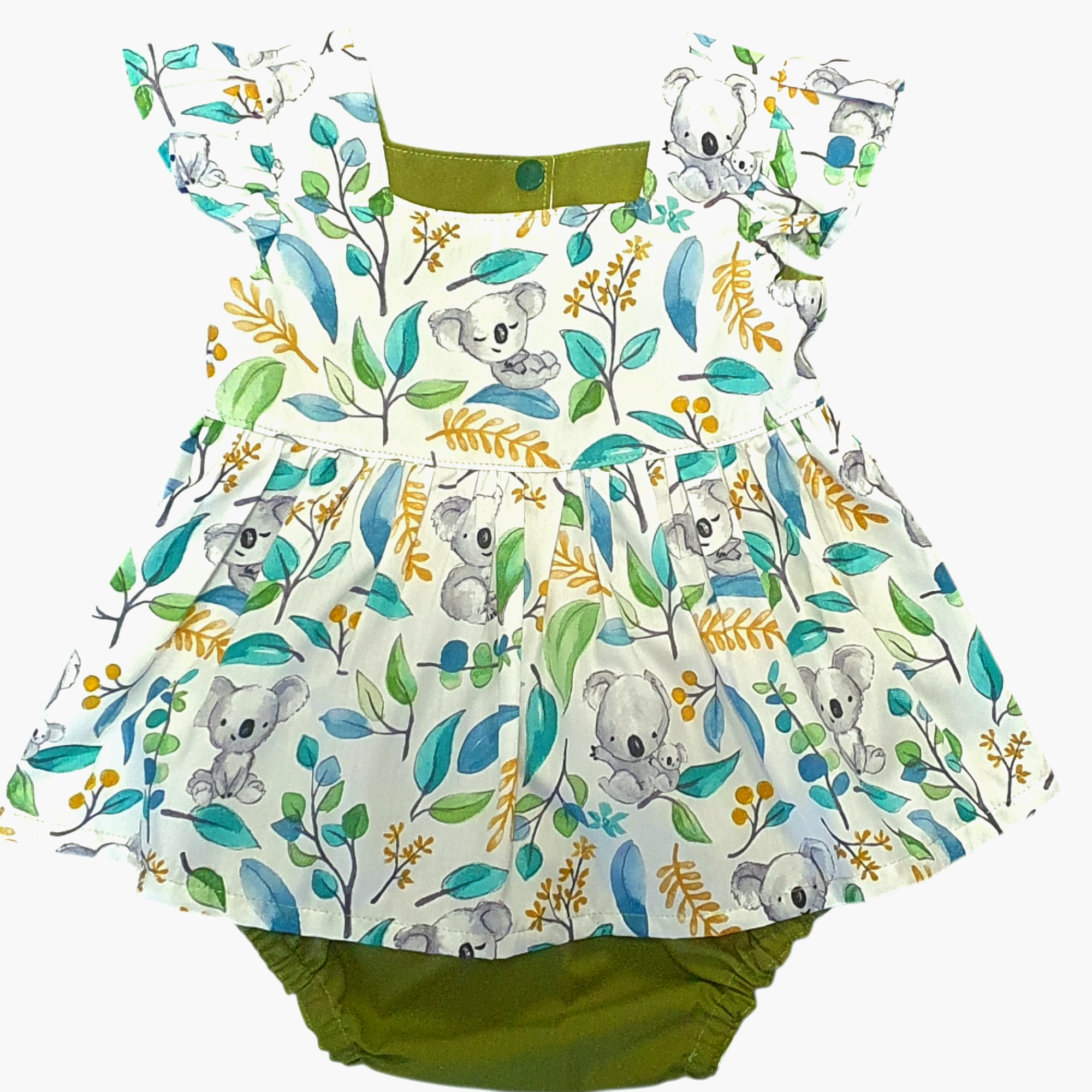 Australian Koala Forest Baby Dress & Bloomers – Handmade Australiana Outfit