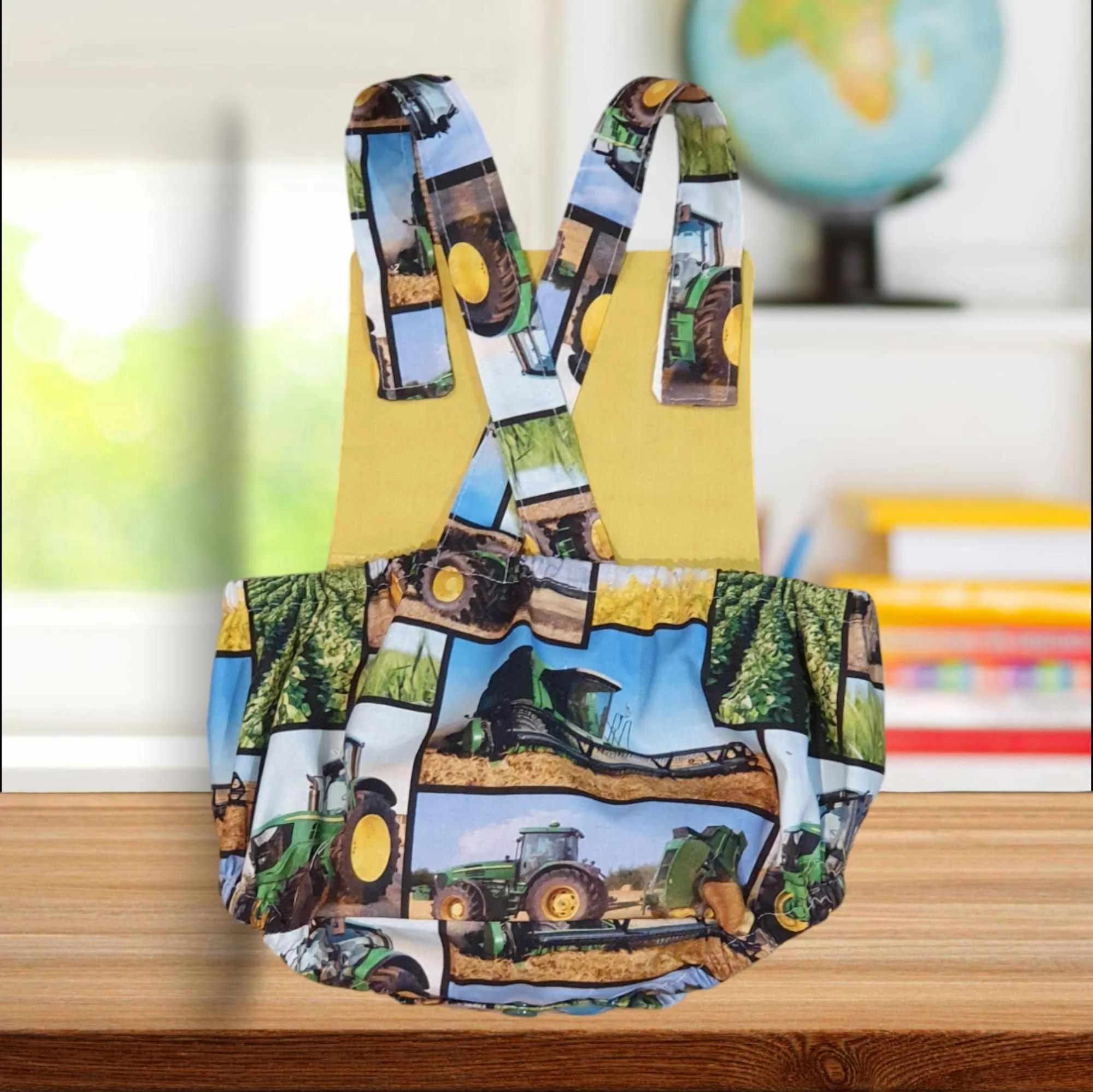 back view handmade baby romper tractor print adjustable straps