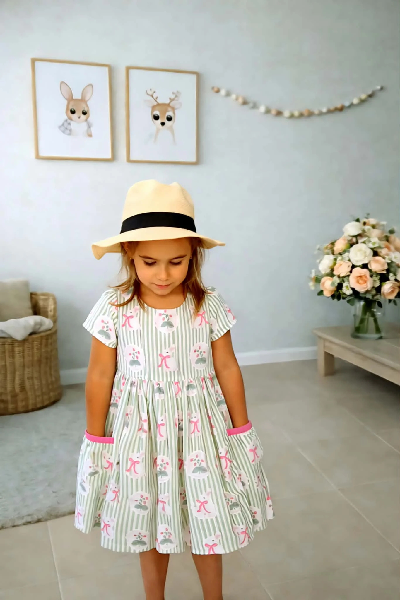 Bunny Garden Girls Dress – Sage Green & Pink SIZE 4 ONLY ONE LEFT