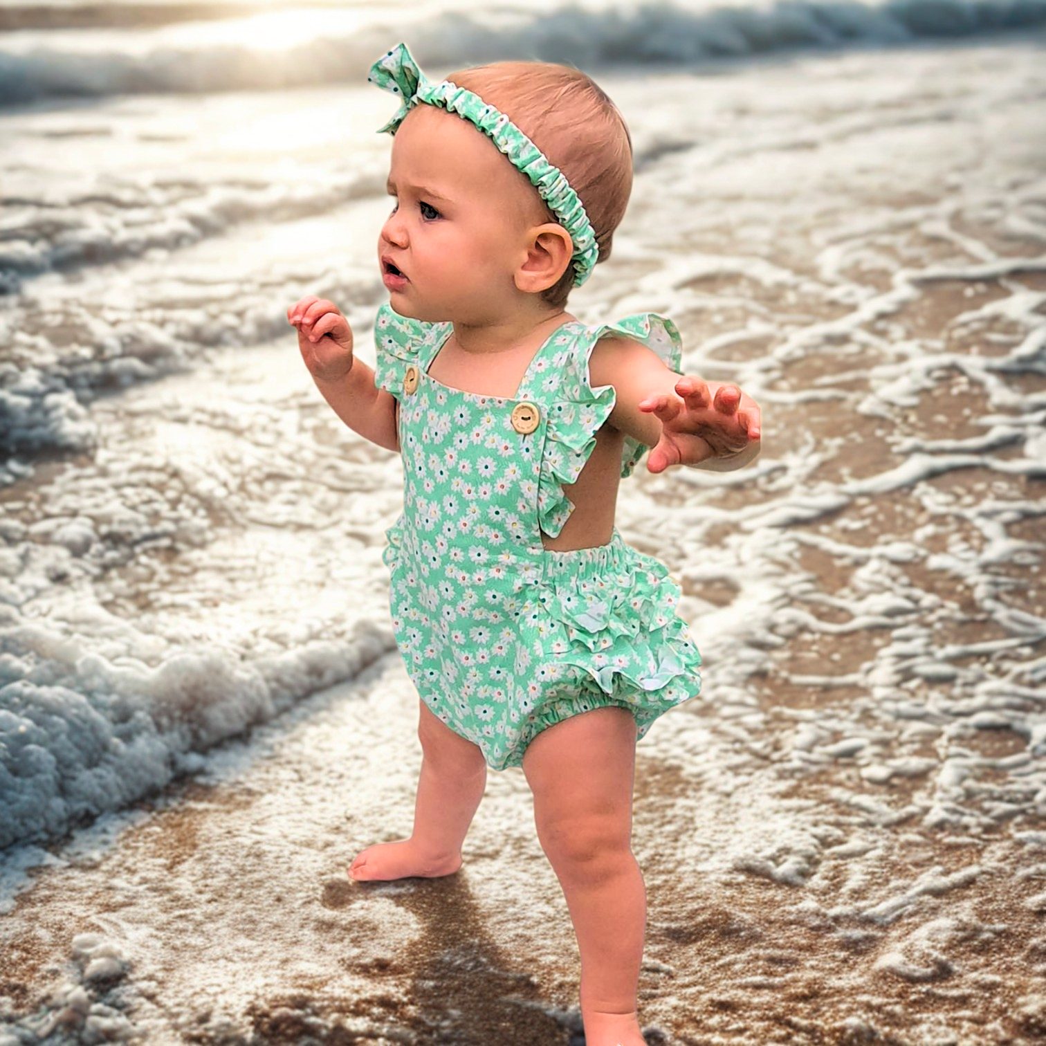 Green Daisy Baby Romper with Matching Headband /Adorable Creatures