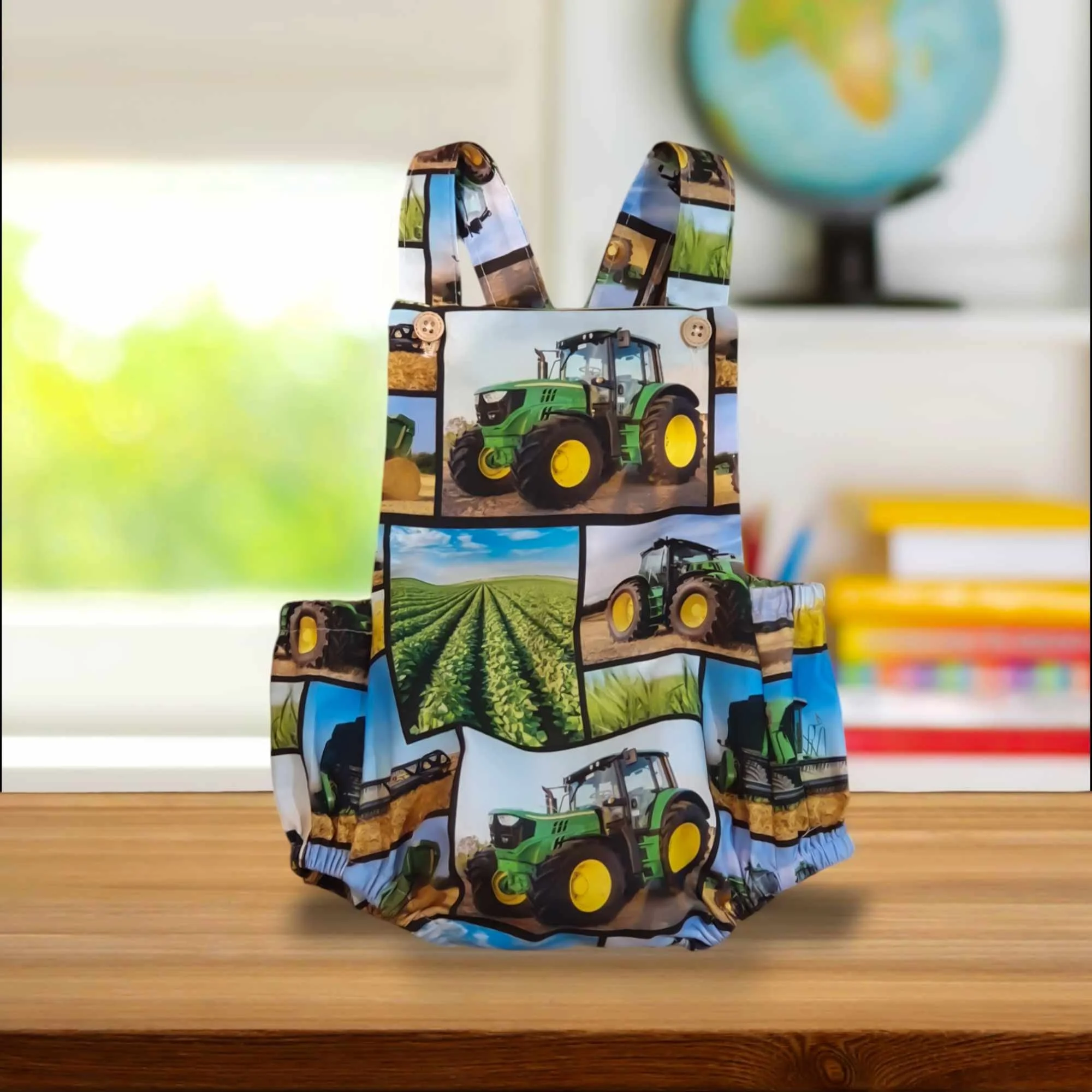 handmade tractor baby romper Australia green farm overalls cotton