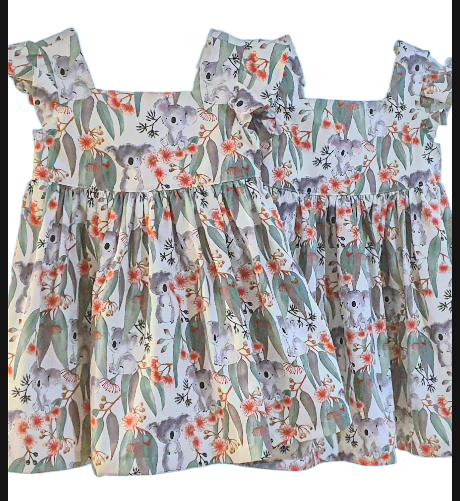 Australian koala print handmade girls dress with eucalyptus flowers Australiana collection