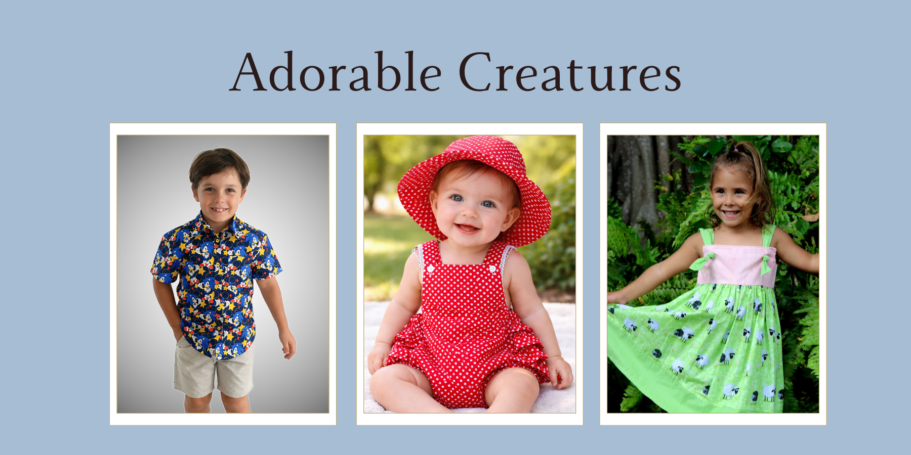 Banner with models displaying handmade adorable creatures clothing