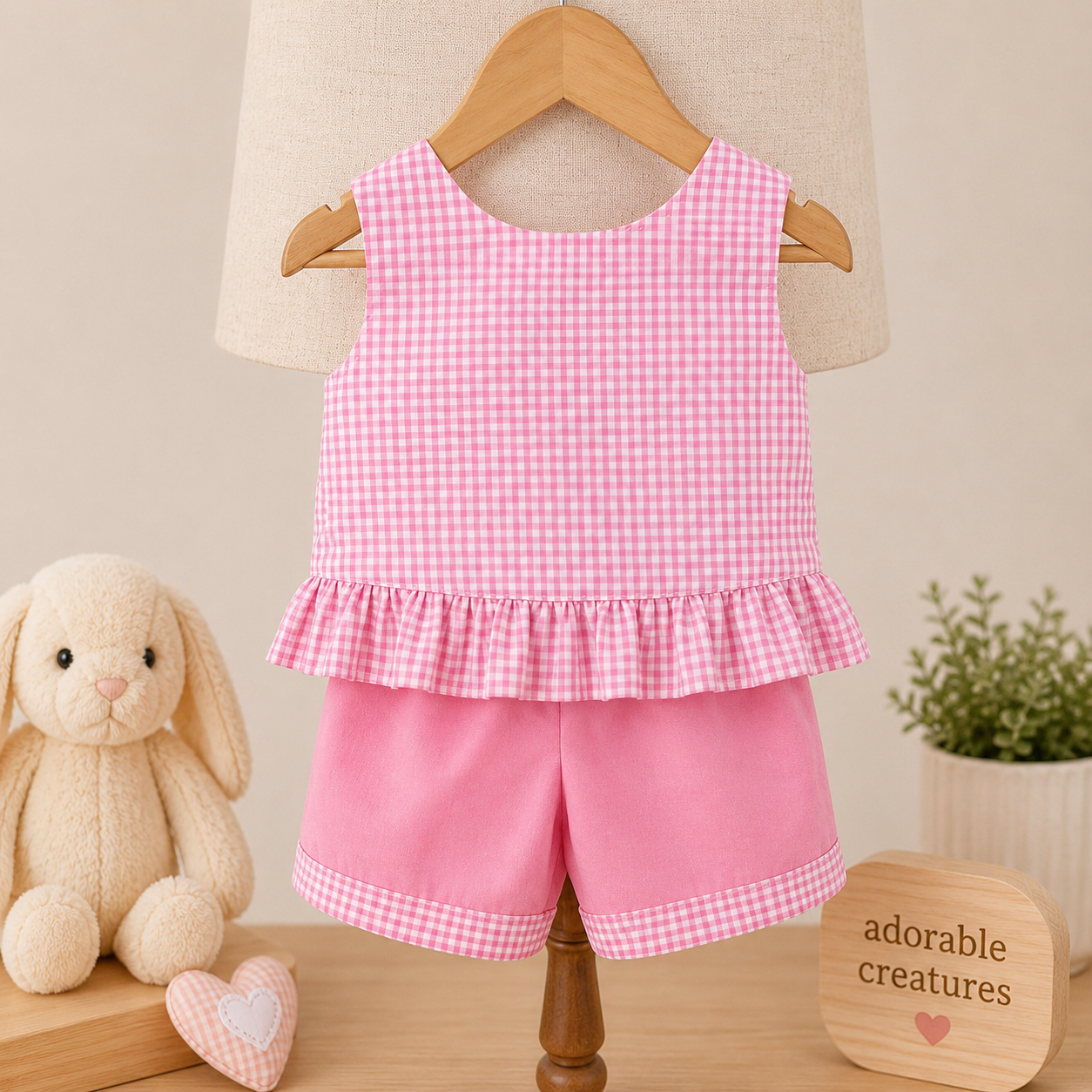 Handmade Pink Gingham Girls Shorts Set