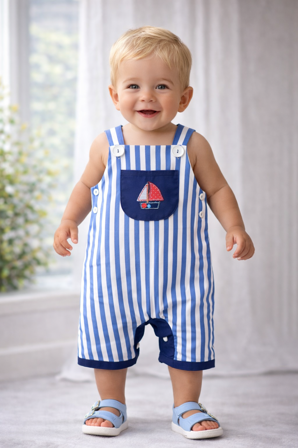 Blue Striped Sailboat Baby Romper – Handmade Australia Size 1