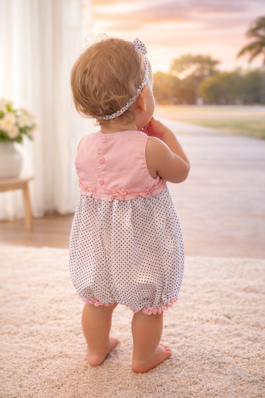Back view of pink boutique baby romper with polka dot print and matching headband, handmade in Australia