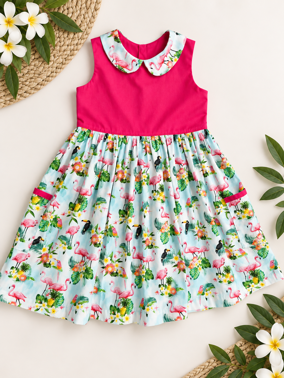 Flamingo Paradise Girls Handmade Dress – Pink Tropical Print