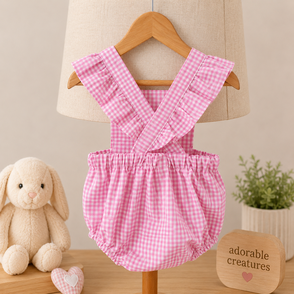 Handmade Pink Gingham Frill Romper back.png