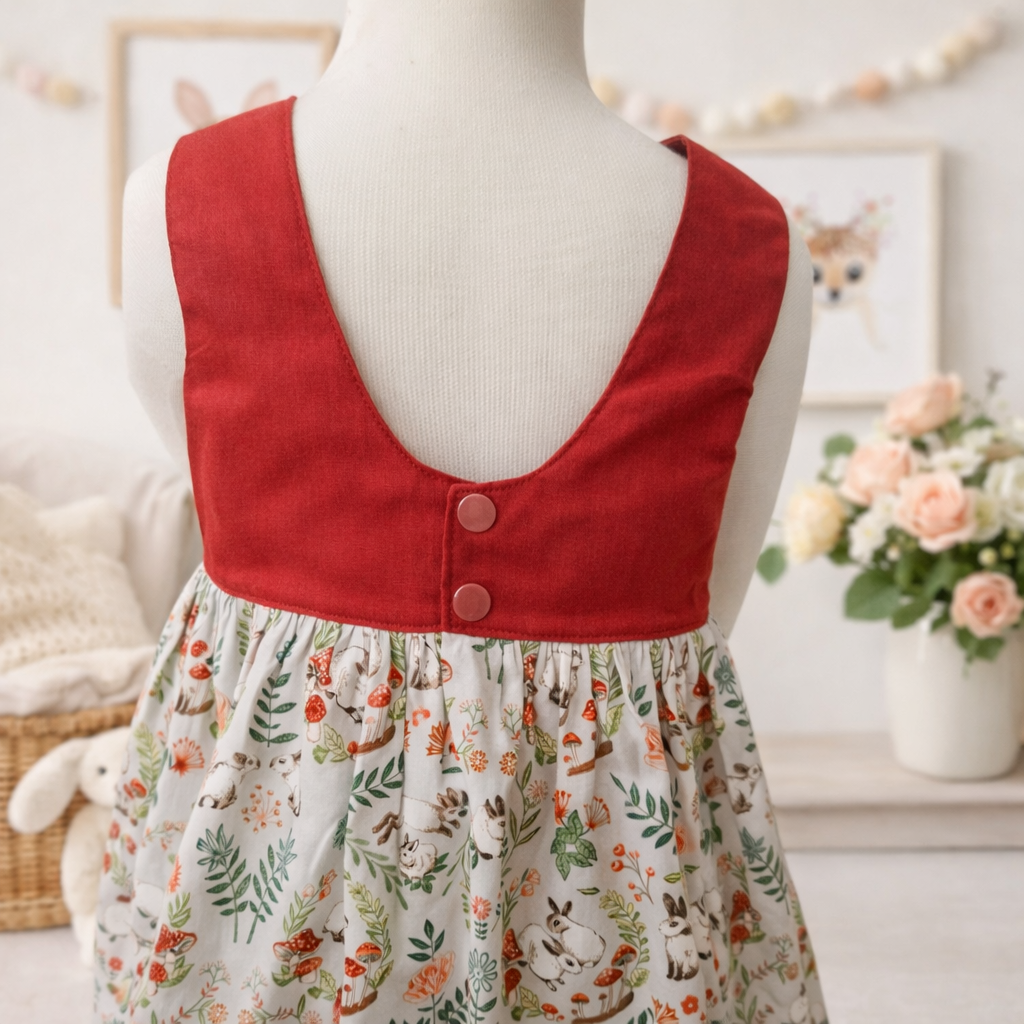 Green Bunny Garden handmade girls cotton dress with woodland bunny print back loom by Adorable Creatures Australia