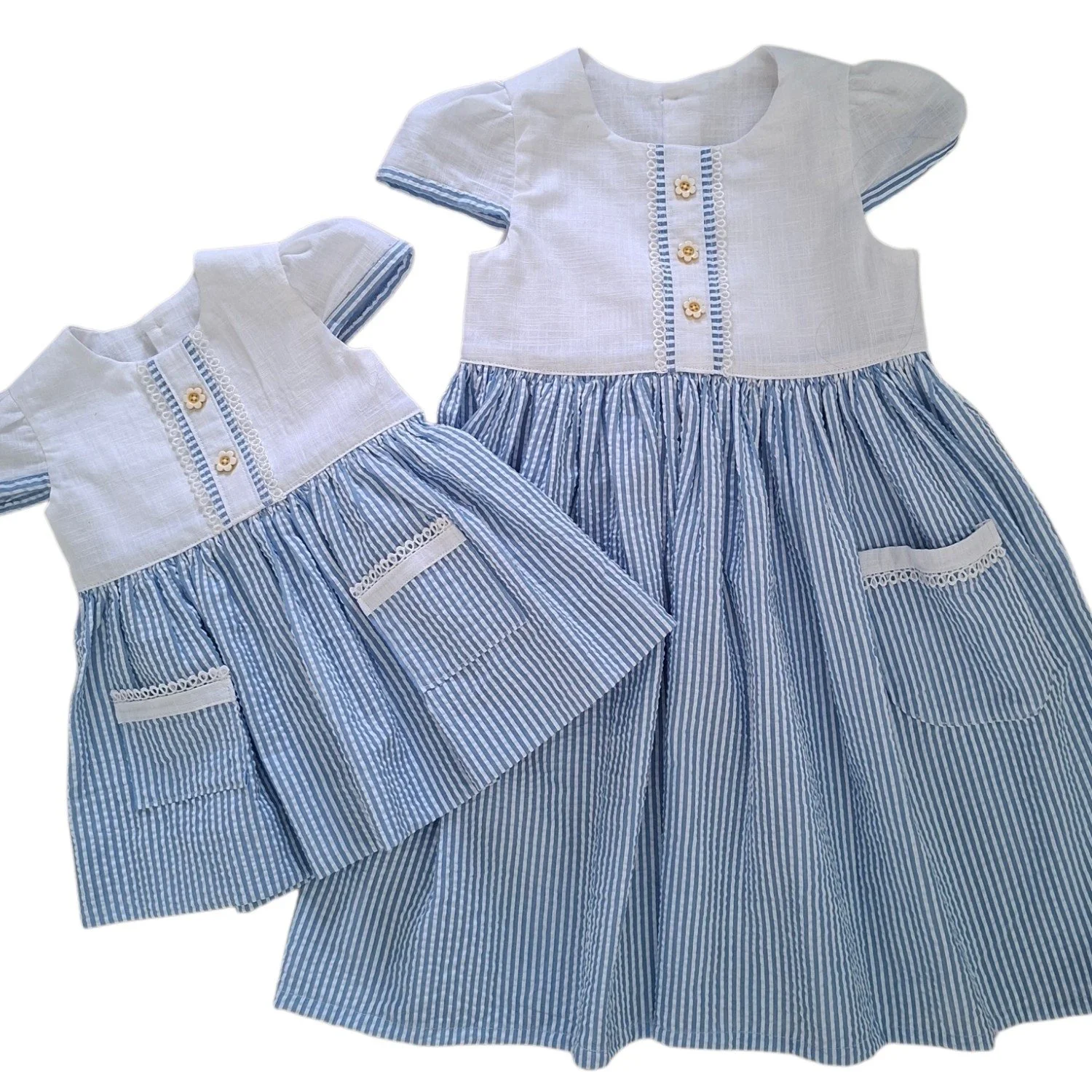 Handmade Girls Dress – Matching Sisters Blue Stripe Cotton Dress Australia