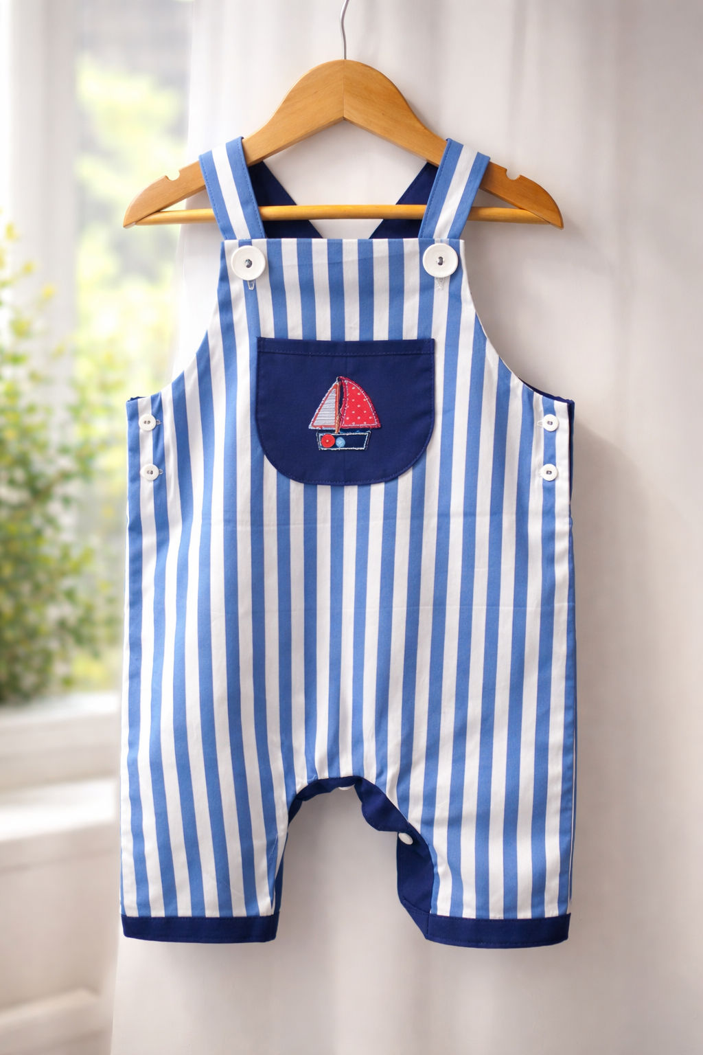Handmade nautical blue striped baby romper with sailboat Australia