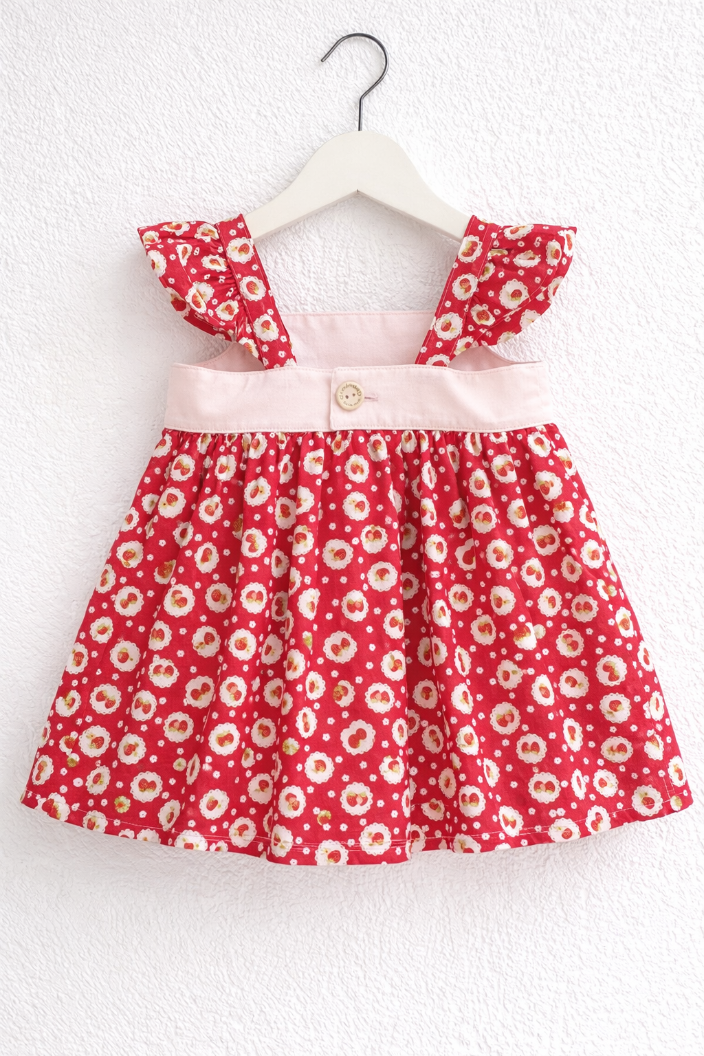 Back view handmade red floral girls dress with blush bodice and ruffle straps by Adorable Creatures Australia