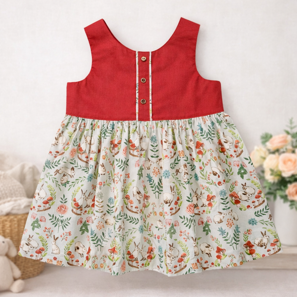 front Green Bunny Garden handmade girls cotton dress with woodland bunny print by Adorable Creatures Australia