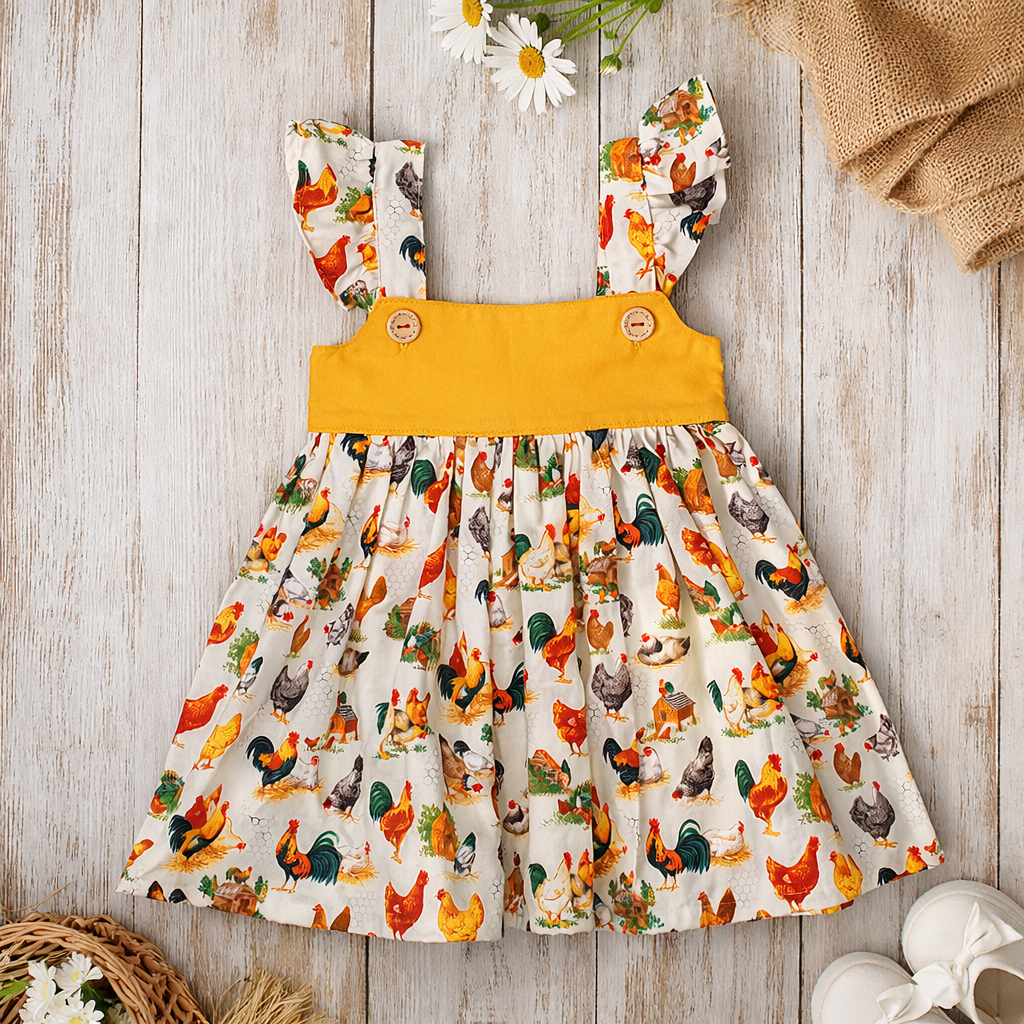 Farmyard Chicken Print Boutique Girls Dress | Handmade Australia