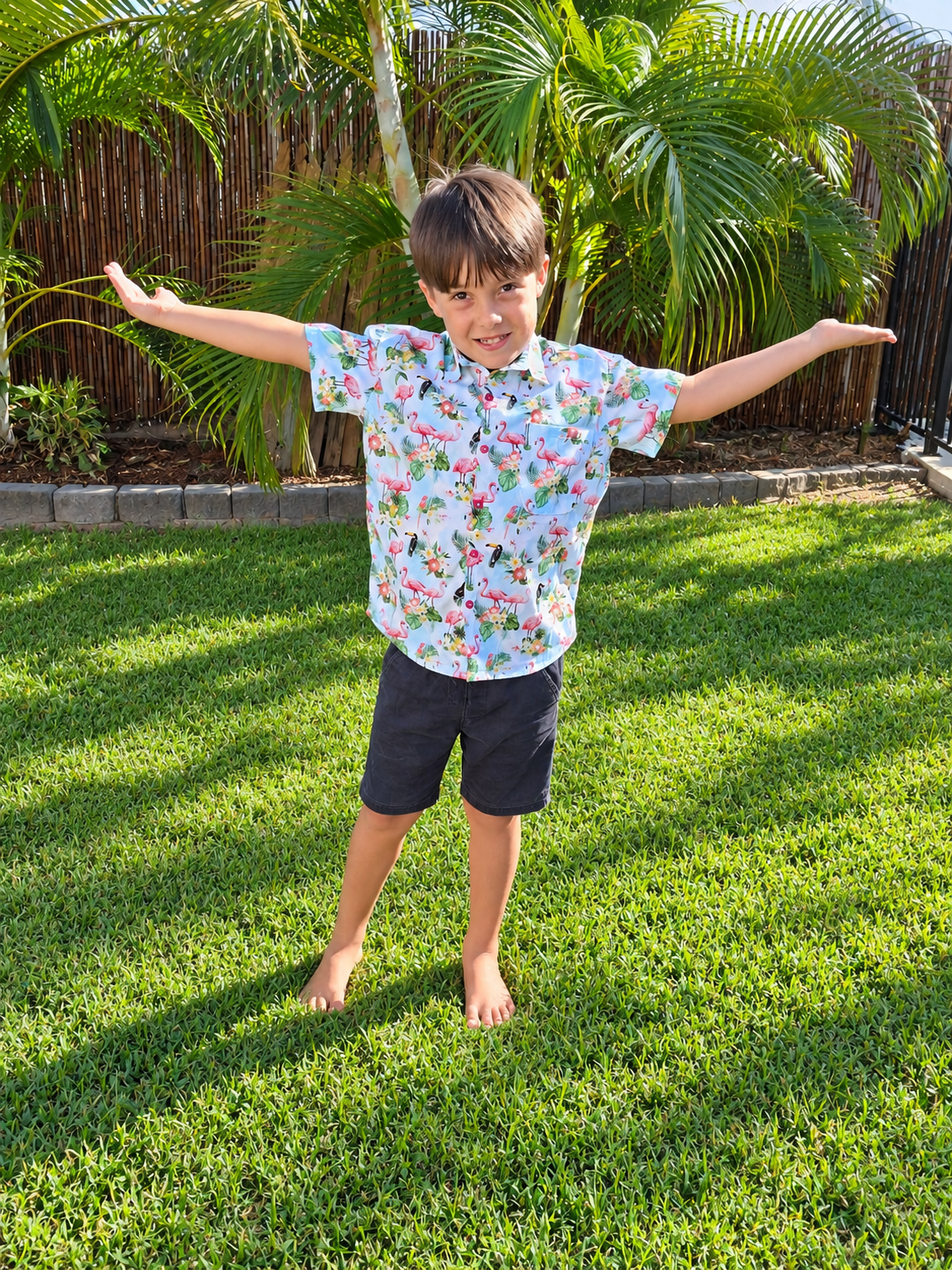 handmade boys model flamingo shirt tropical print Australian made children's clothing