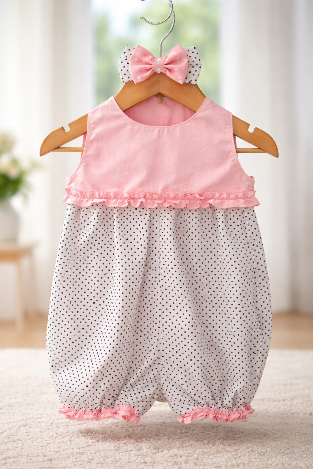 Pink polka dot handmade baby romper – Adorable Creatures Australia