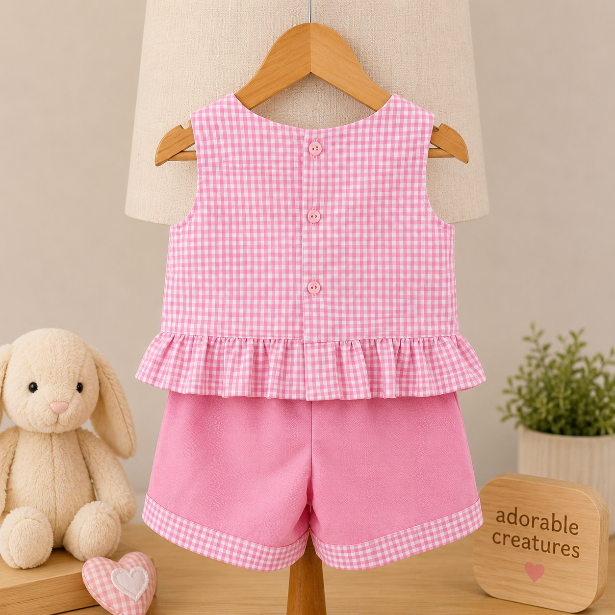 Handmade Pink Gingham Girls Shorts Set back.png