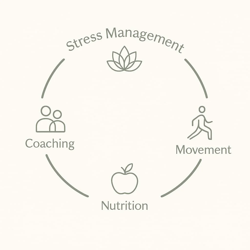 Konzept des ganzheitlichen Gesundheitscoachings mit Fokus auf Gewohnheiten, Stressmanagement, Bewegung/Fitness und Ernährung