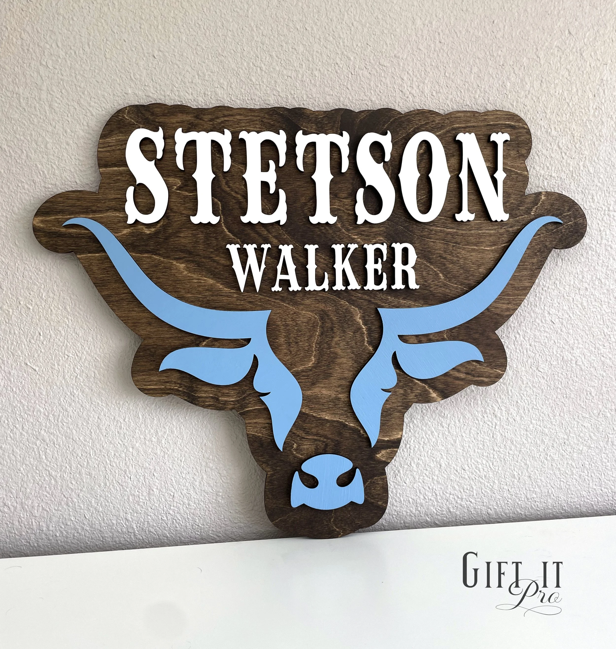 Wooden sign with a blue longhorn skull outline, featuring the text 'STETSON WALKER' in white uppercase letters.
