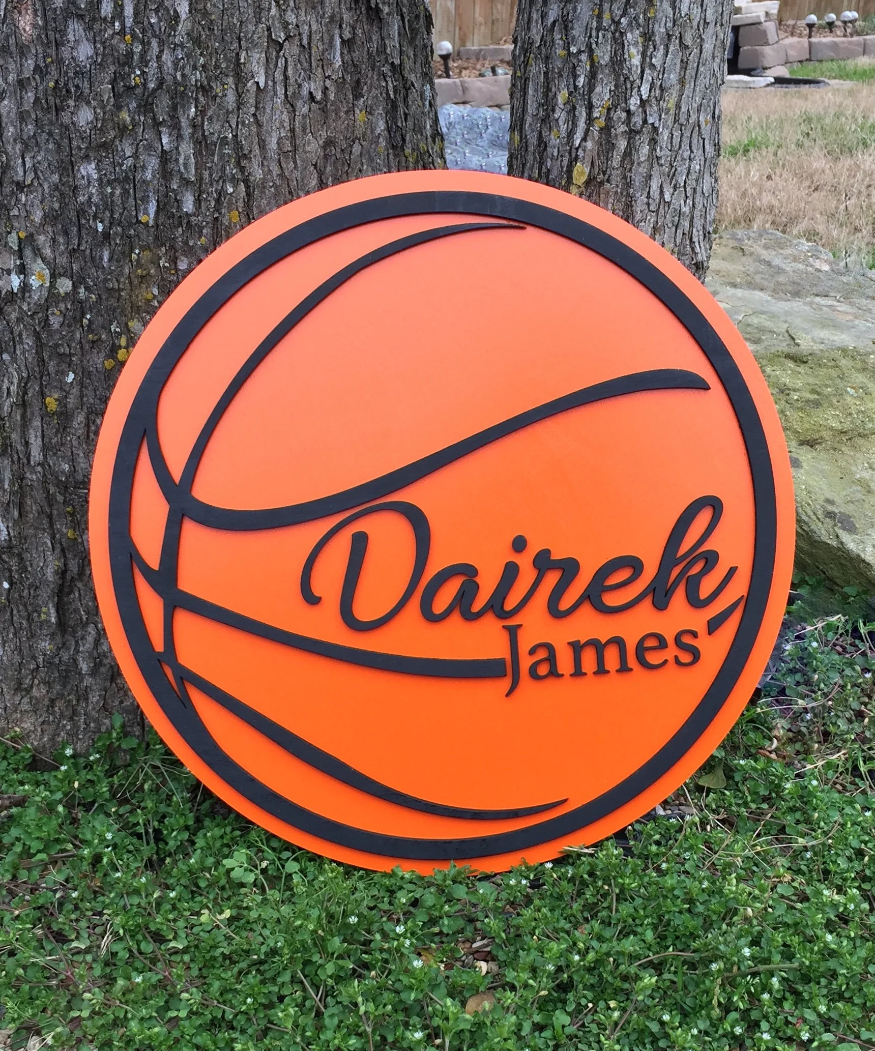 A round orange sign resembling a basketball with black outlines, displaying the name "Dareh James" in black cursive and regular fonts. The sign is placed outdoors against a tree with grass and rocks surrounding it.