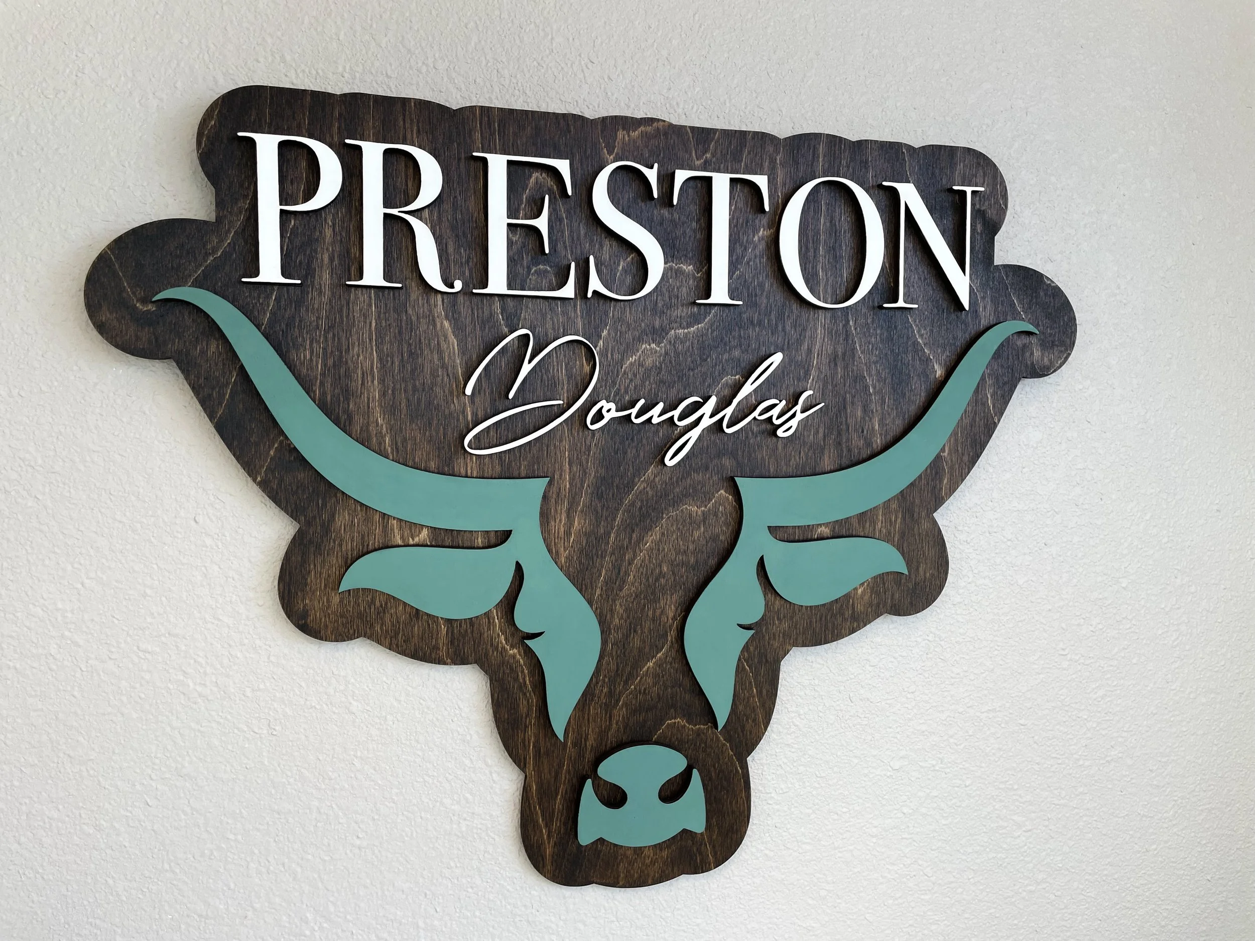 Decorative wall sign with the name 'Preston Douglas' on a wooden background shaped like a bull's head with teal accents.