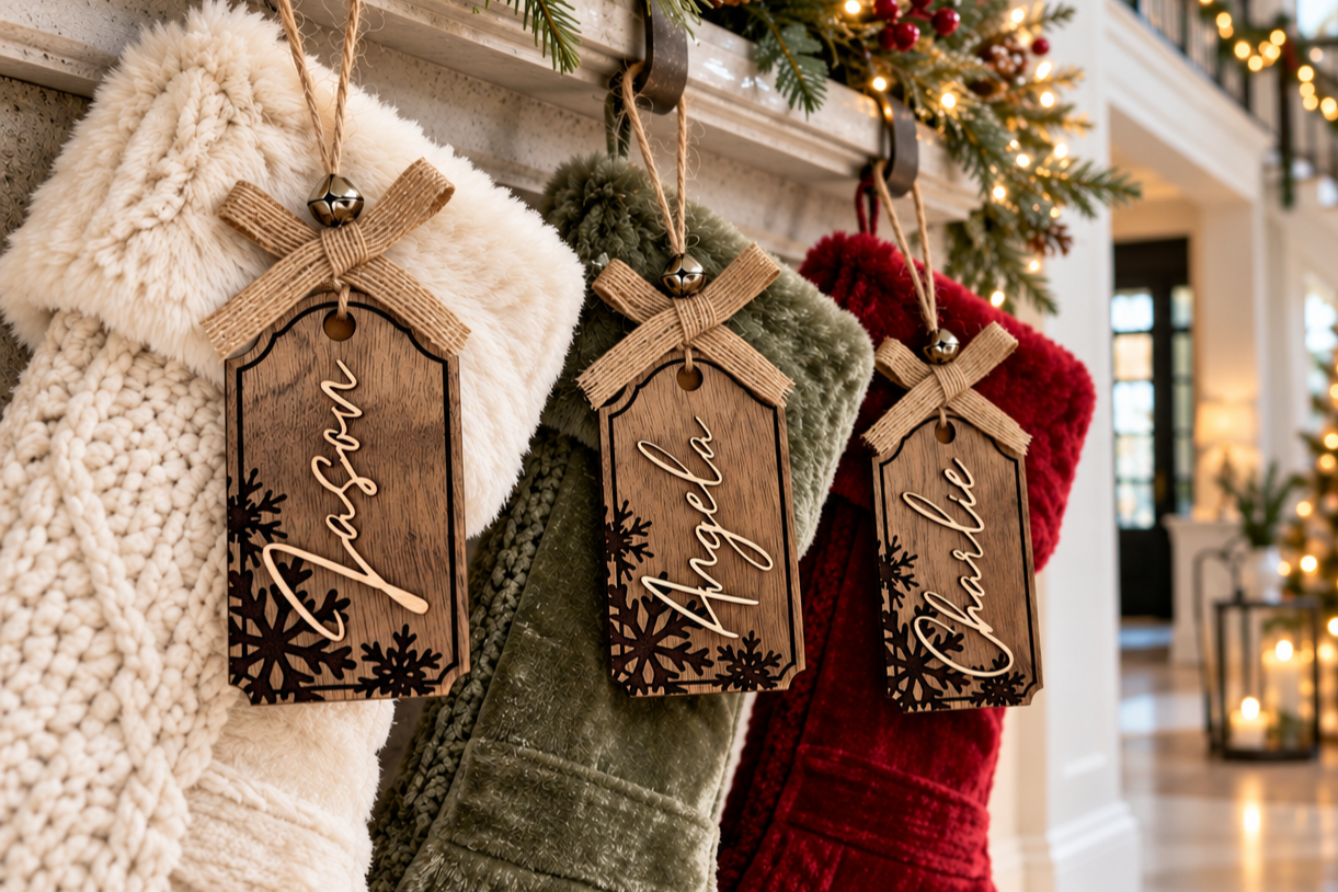 Personalized Wooden Stocking Name Tags,  Snowflake Christmas Stocking Tags