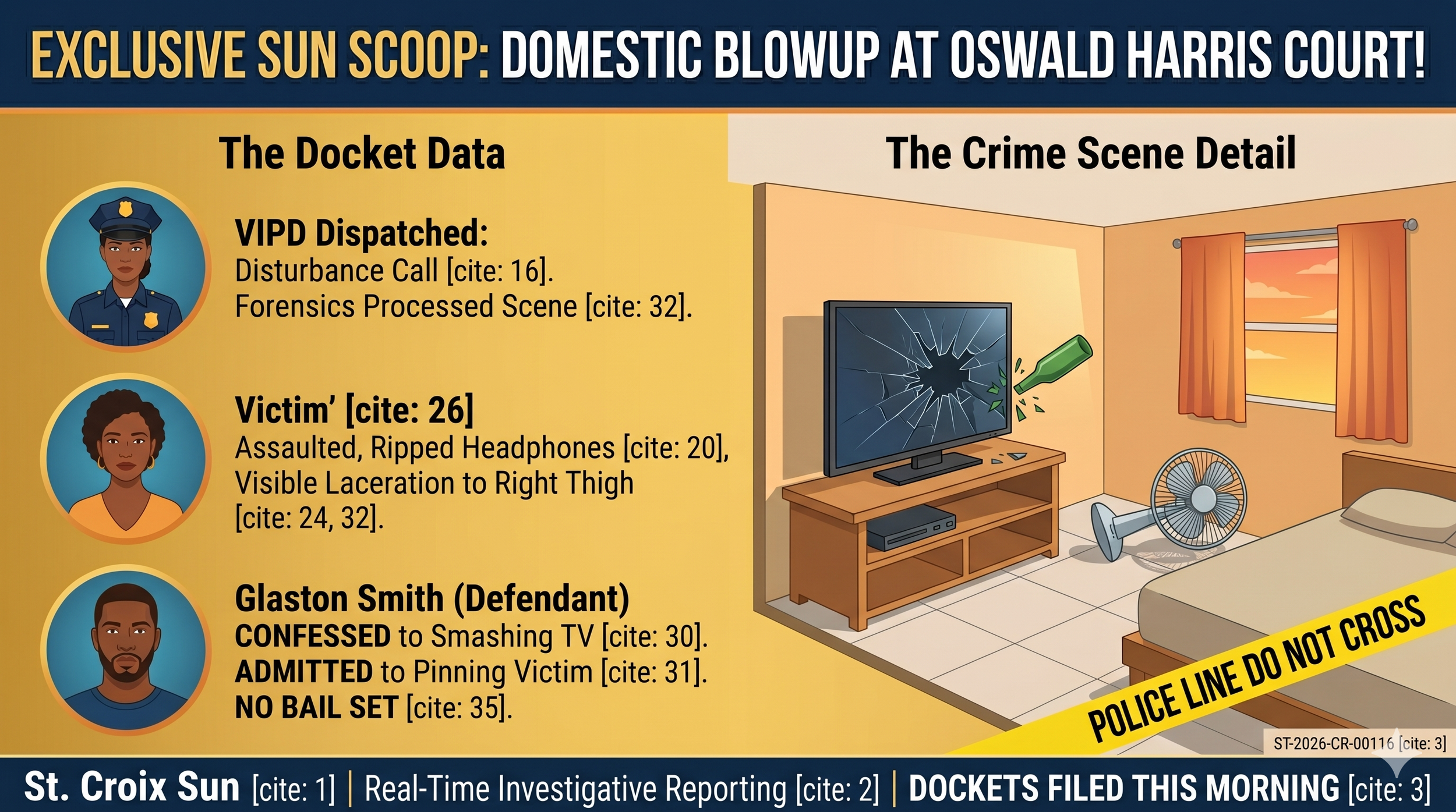 DOMESTIC BLOWUP AT OSWALD HARRIS COURT: VISITING BOYFRIEND HELD WITHOUT BAIL FOR DESTROYING TV, ASSAULT