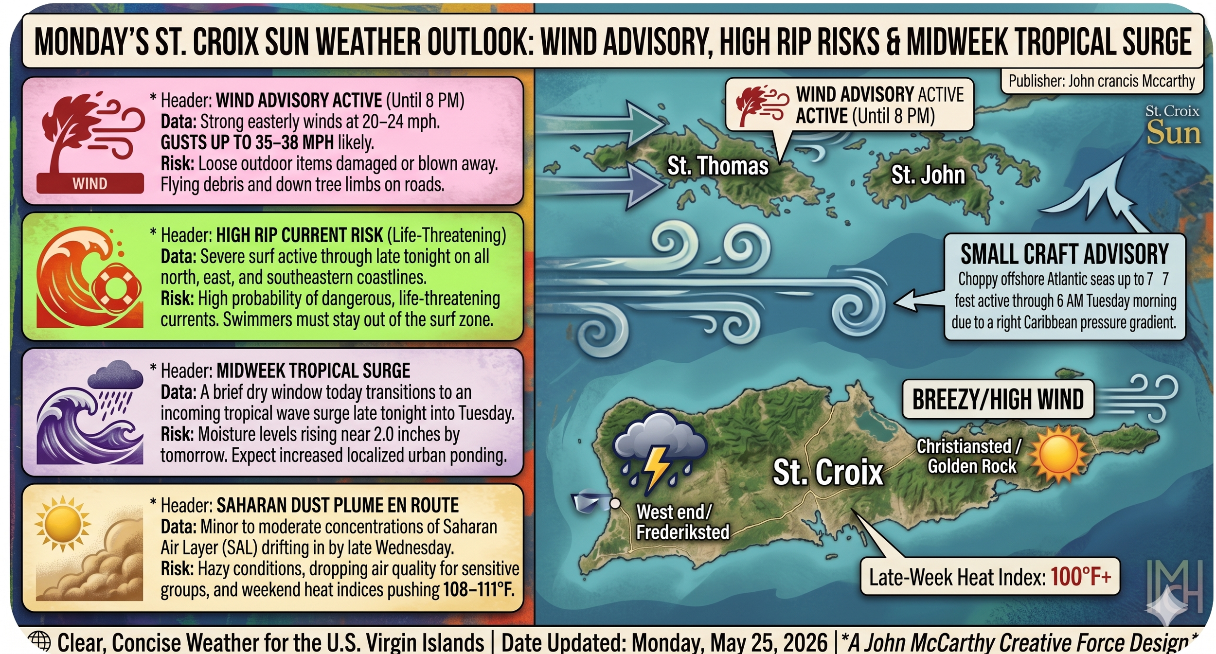 Heavy Winds and Life-Threatening Rip Currents Impacting USVI Today; Saharan Dust En Route