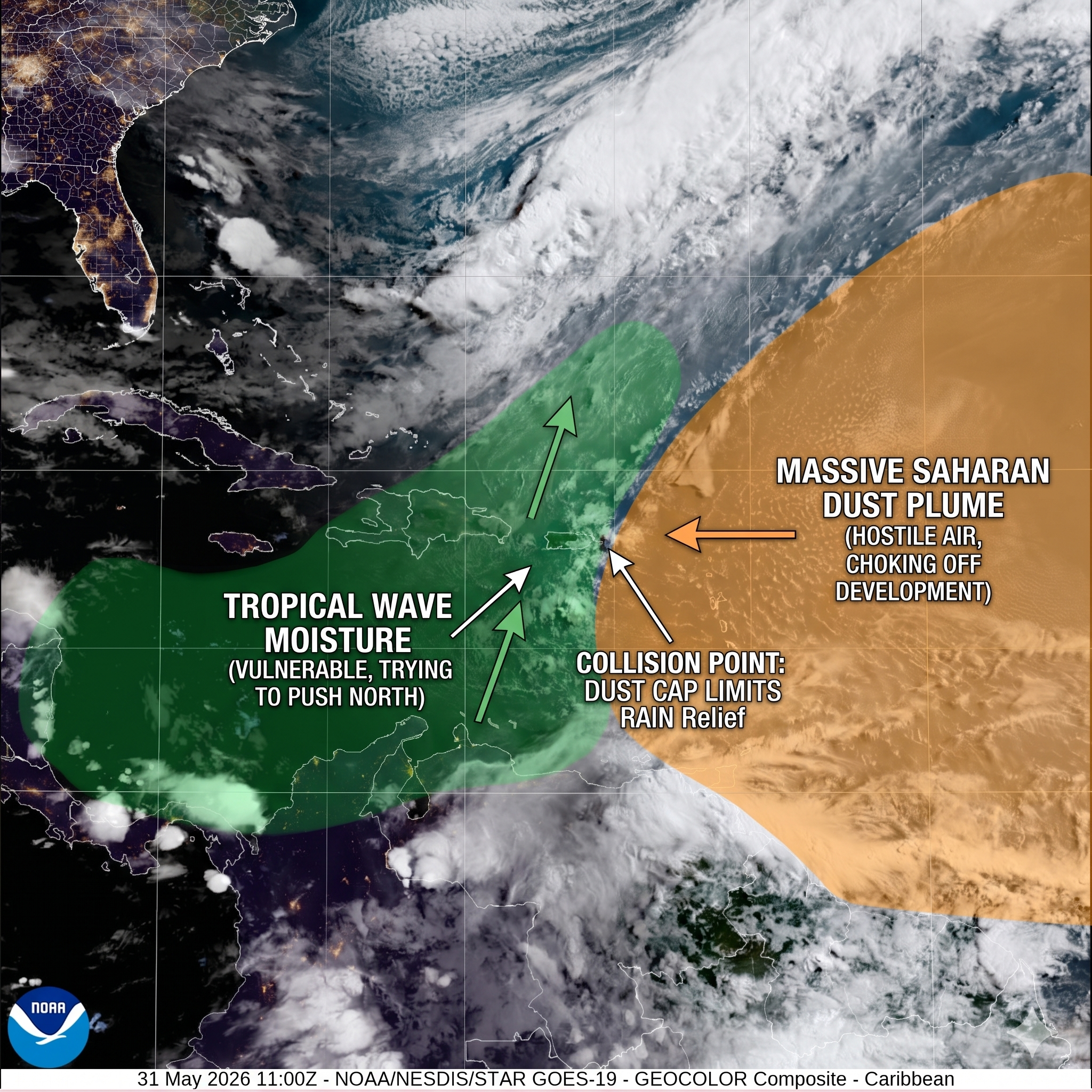 Massive Saharan Dust Wall Slams Into USVI, Choking Off Tropical Wave Rain Relief