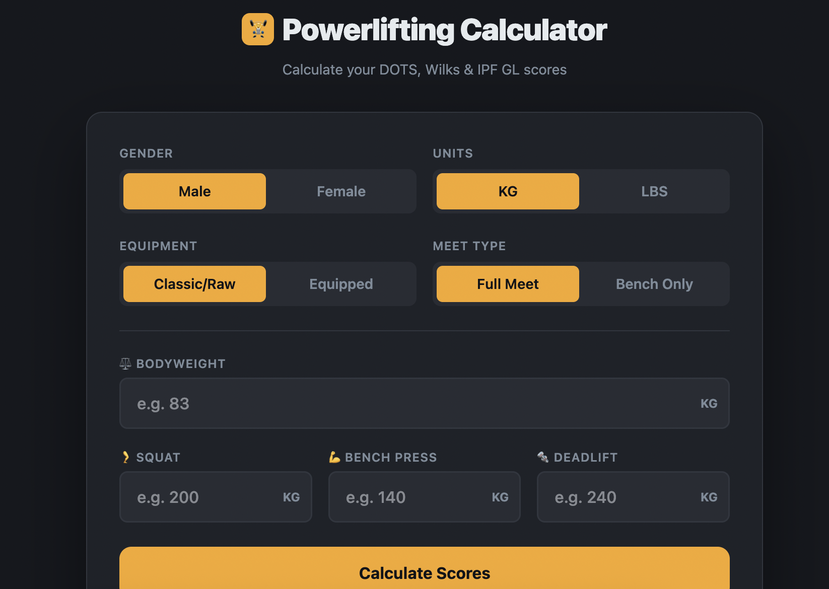 DOTS/Wilks/IPF GL Calculator