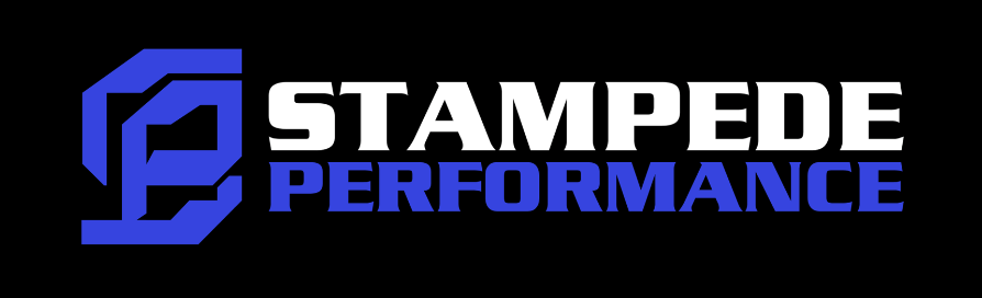 Stampede Performance logo with stylized blue letter 'P' and text in white and blue.