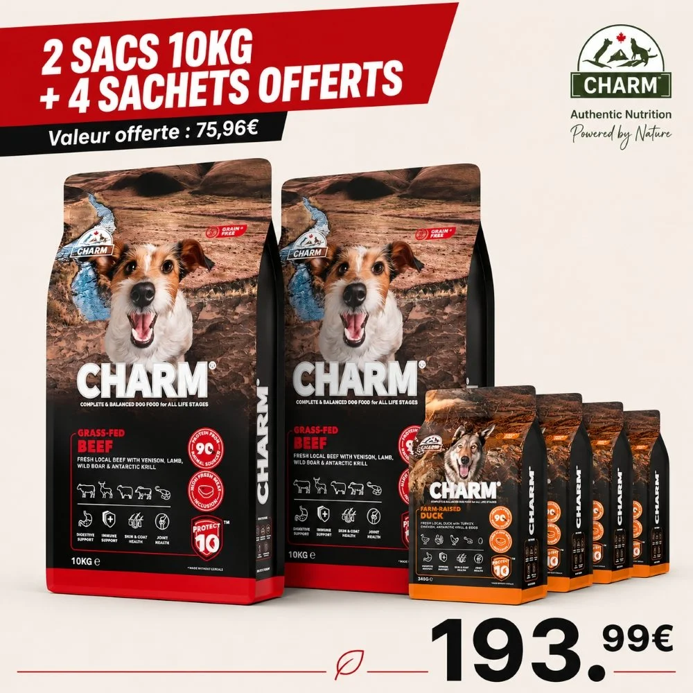 CHARM Chien Bœuf nourri à l'herbe 2x10kg + 4 sachets 340g OFFERTS - 193,99€