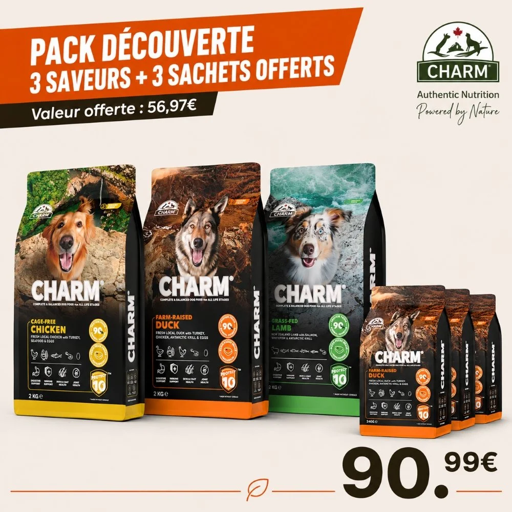 CHARM Chien Pack Découverte 3 saveurs (Poulet, Canard, Agneau) 2kg + 3 sachets 340g OFFERTS - 90,99€