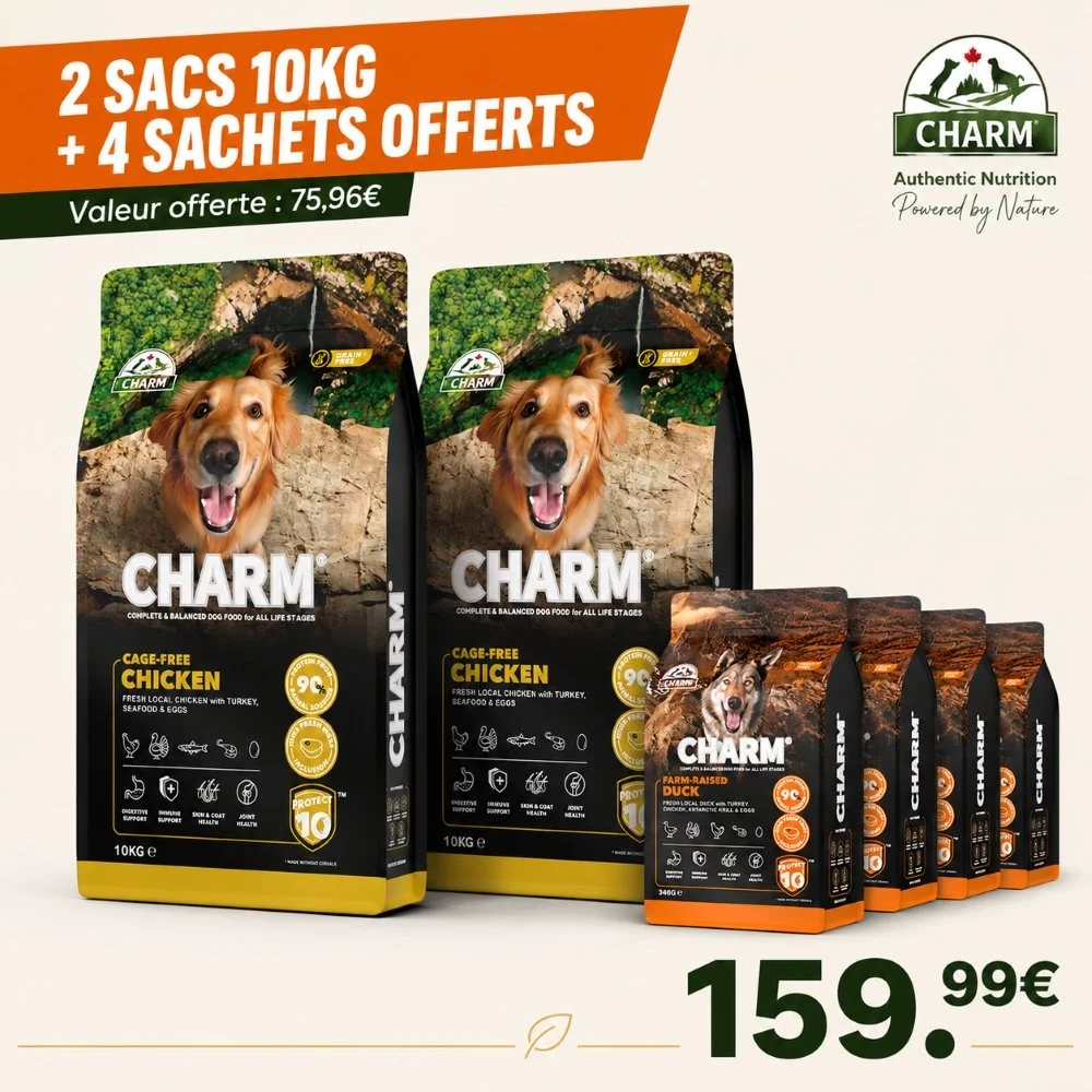 CHARM Chien Poulet fermier 2x10kg + 4 sachets 340g OFFERTS - 159,99€