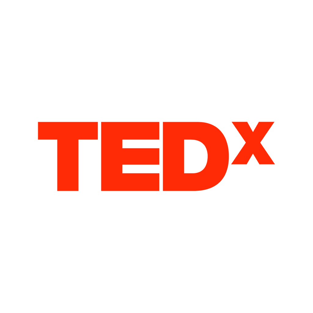 TEDx logo with red letters and black text on a white background