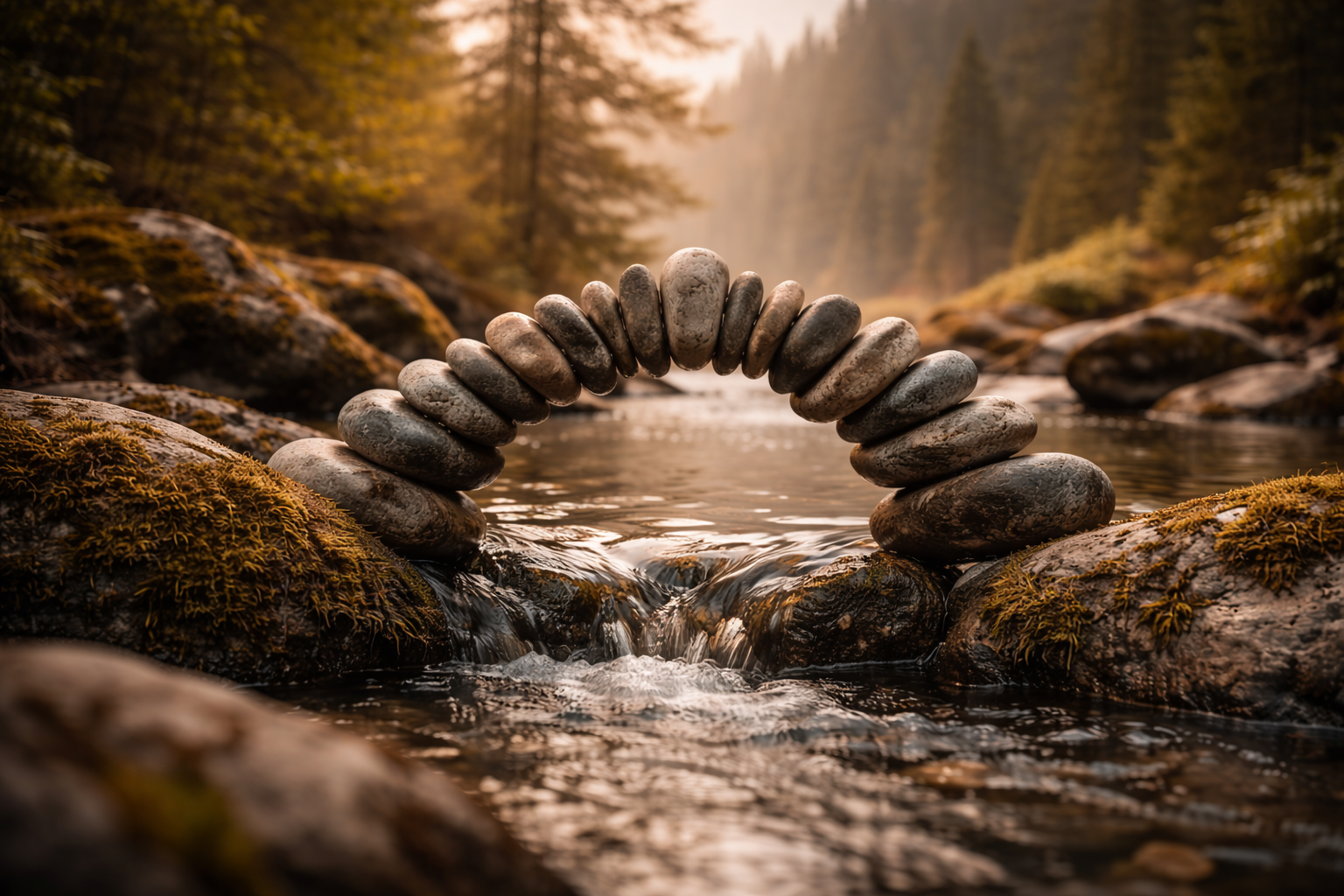 Ein Steindom in einem Fluss inmitten eines Waldes bei Sonnenuntergang.
