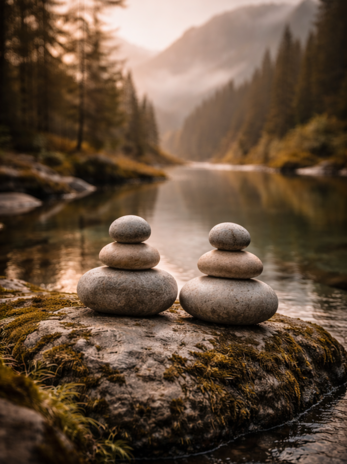 Zwei Steinstapel auf einem moosbedeckten Felsen am Fluss, umgeben von Bäumen und Bergen bei Sonnenuntergang
