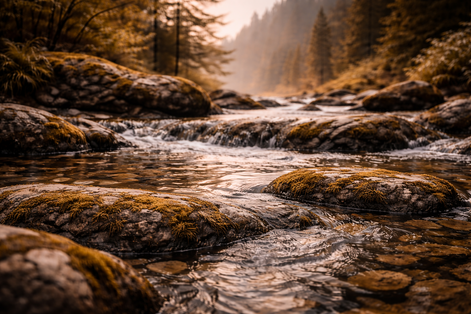 Ein Wasserfluss fließt durch einen Bach, umgeben von moosbedeckten Steinen, in einer bewaldeten Berglandschaft bei Sonnenuntergang.