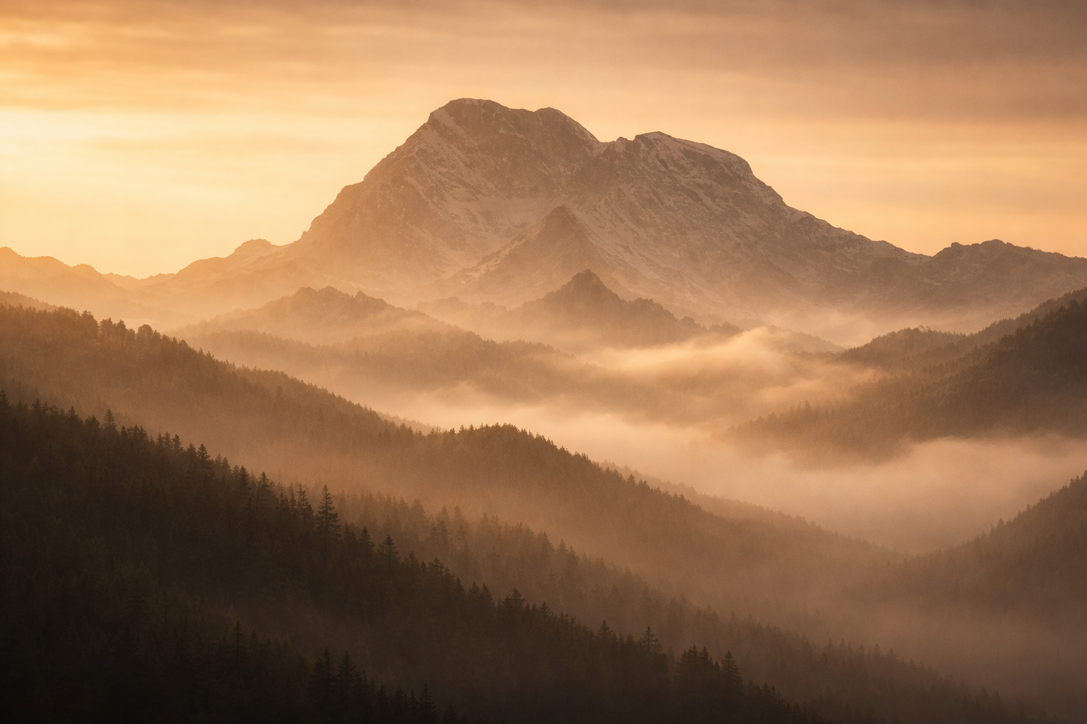 Berg inmitten von Wolken und Nebel bei Sonnenaufgang oder Sonnenuntergang