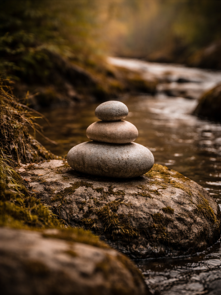 Drei Steinchen in einer Reihe auf einem großen Felsen im Fluss, umgeben von Wasser und Natur, im Hintergrund unscharfer Wald.