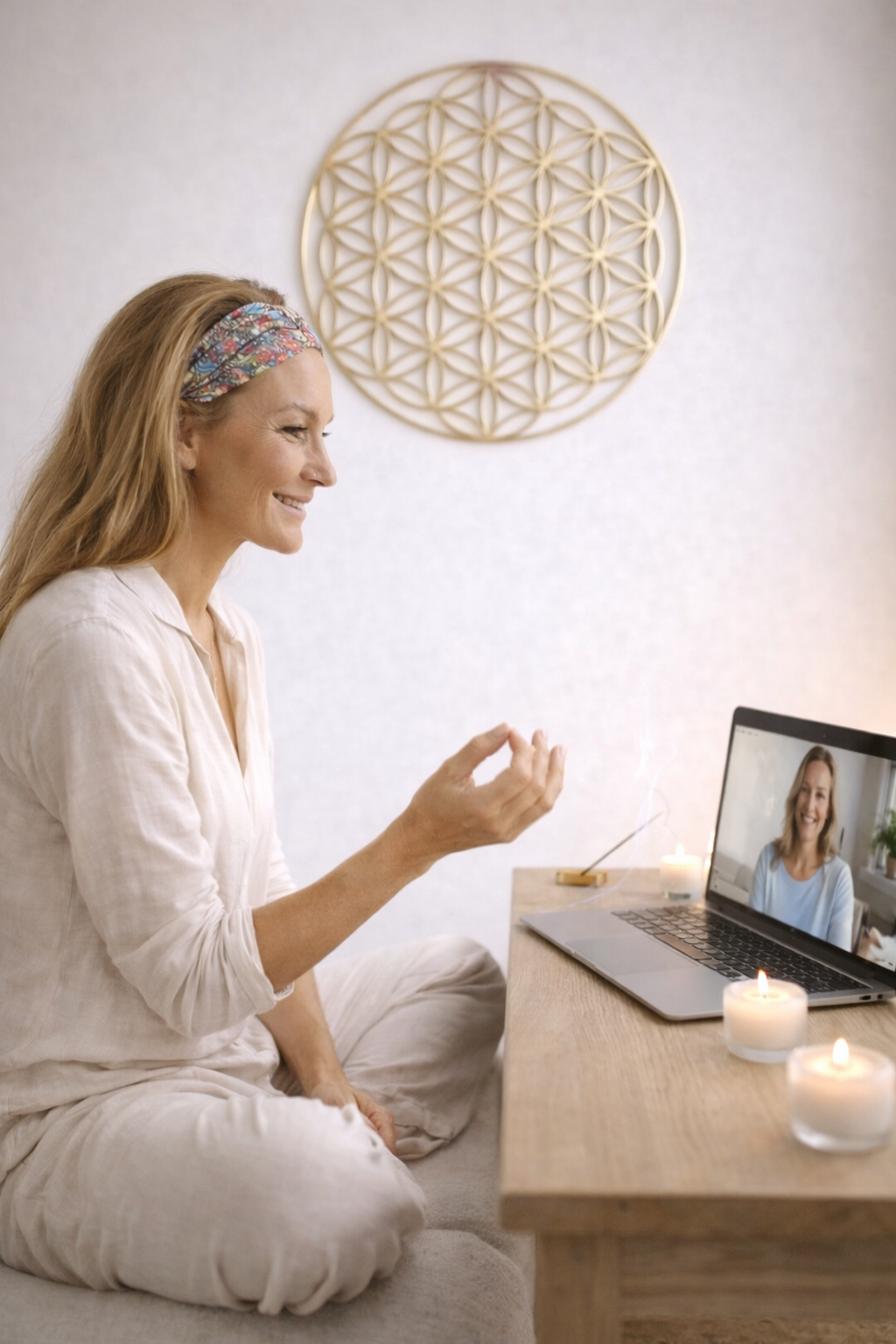 Vrouw in comfortabele kleding maakt een video-oproep via haar laptop thuis, zittend op de bank, met kaarsen op tafel voor ontspanning.