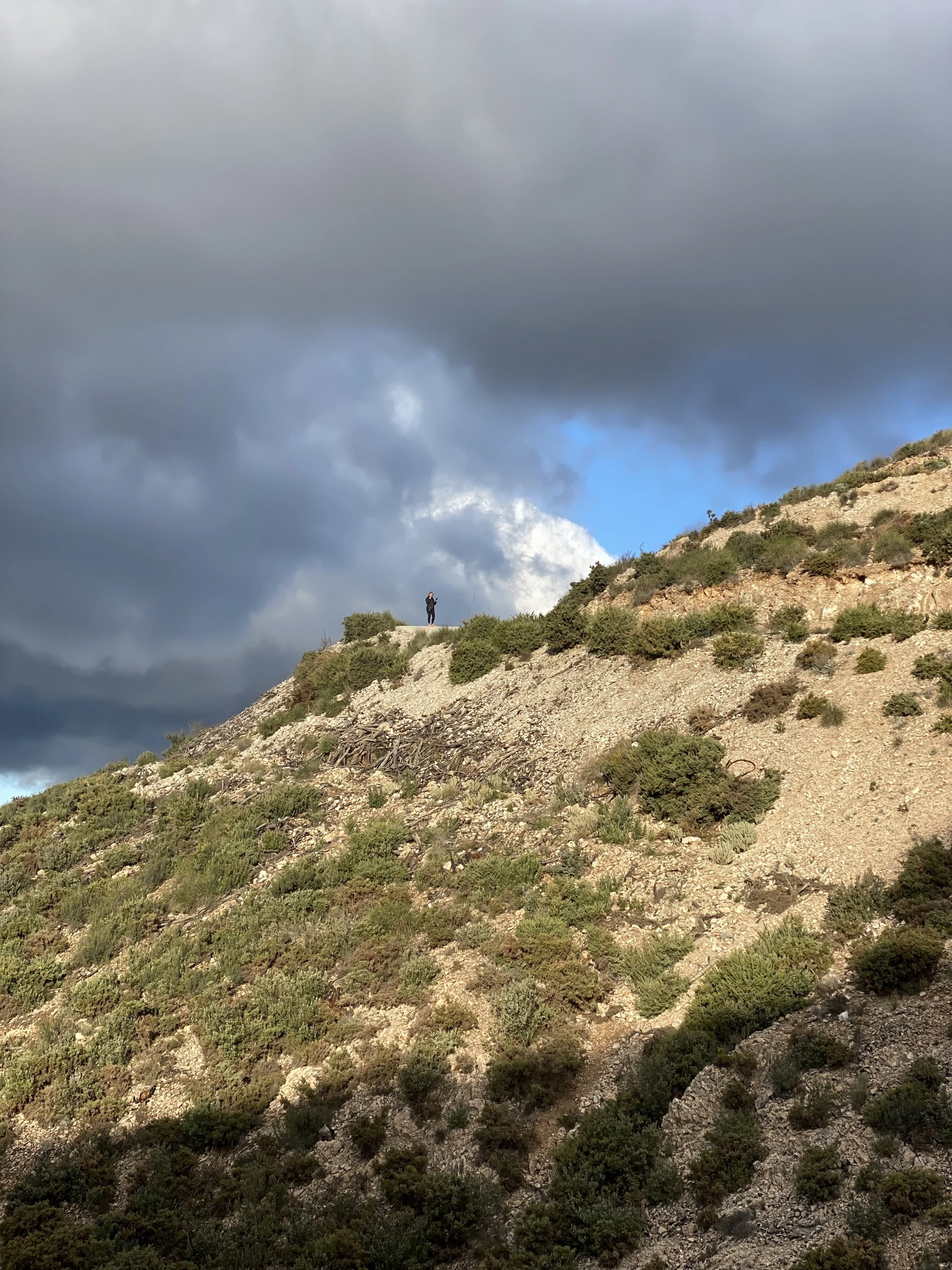 Een berghelling bedekt met groene struiken onder een bewolkte hemel met donkere en lichte wolken.