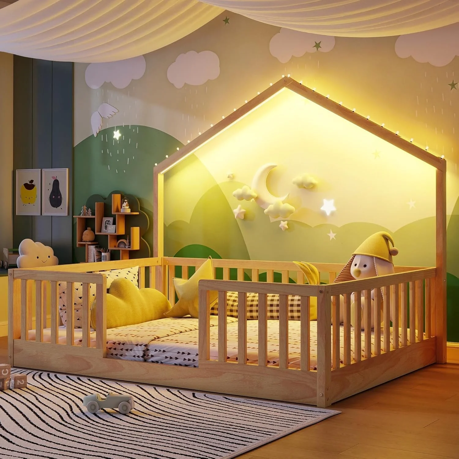 Twin floor bed frame with light