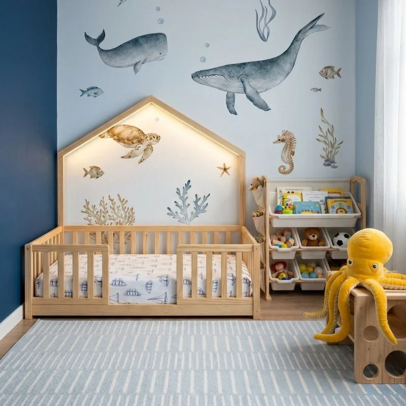 Montessori baby bedroom with a floor bed, minimalist furniture, and a calm nursery design—image generated with Gemini to reflect the ideas shared above.