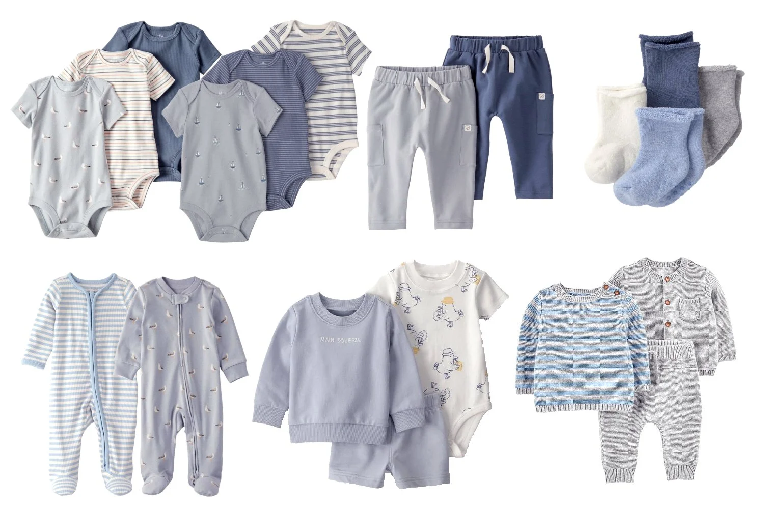Neutral baby clothing essentials in soft blue tones, featuring practical newborn outfits including zipper pajamas, cotton onesies, knitwear, and everyday basics ideal for building a simple baby capsule wardrobe.